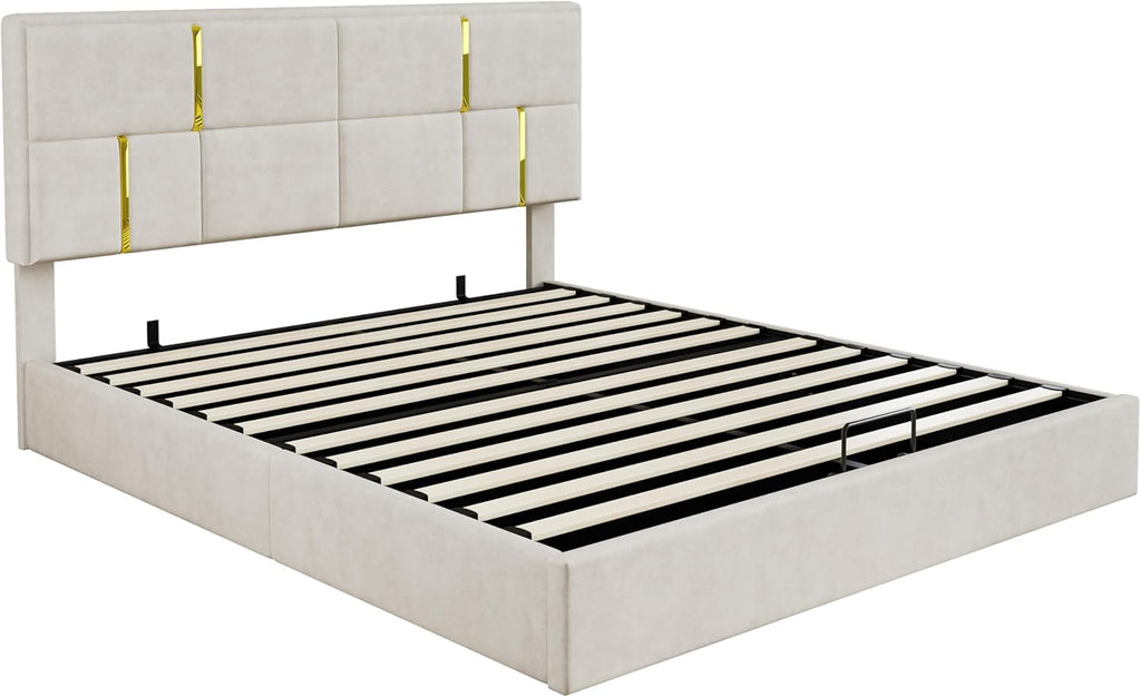 JIJIWANG Queen Size Upholstered Platform Bed with Hydraulic Storage System,Velvet Bed Frame with Headboardqueen Bed Brame with Storage No Box Spring Needed,Beige