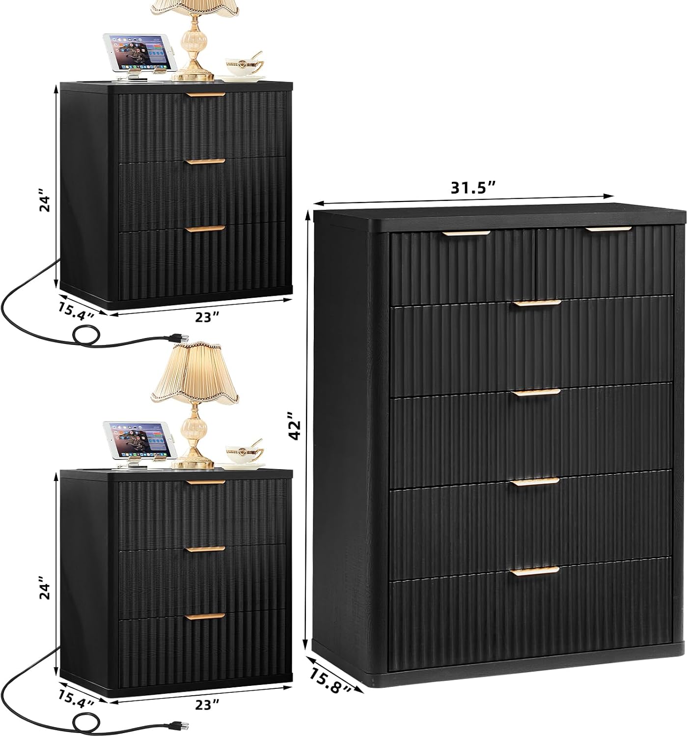 LEYAOYAO 42' Tall Fluted Dresser and 3 Drawers 23' Nightstand Set of 2, Wooden Dresser & Night Stand with Charging Station, 3 Piece Bedroom Furniture Set, Wood Chest of Drawer for Living Room,Black