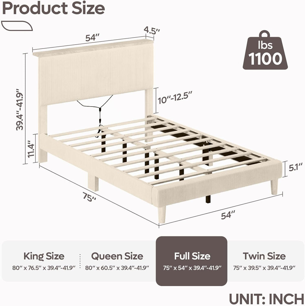 Bestier Full Bed Frame with Adjustable Headboard & LEDLighting, Corduroy Upholstered Platform Bed Frame withStorage Shelf, Solid Wood Slats, No Box Spring Needed,Never Squeak, Easy Assembly, Beige