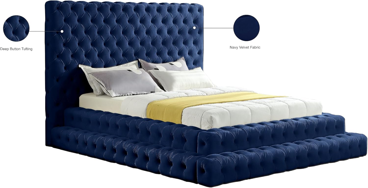 Meridian Furniture RevelNavy-Q Revel Collection Modern | Contemporary Navy Velvet Upholstered Bed with Deep Button Tufting, 85' W x 98' D x 60' H, Navy, Queen
