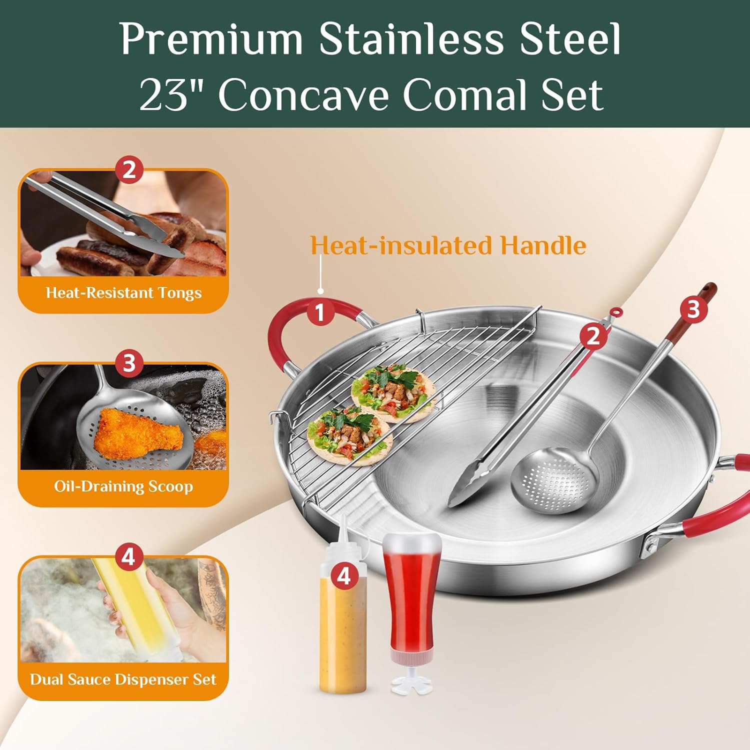 23' Concave Comal w/100,000BTU Propane Grill Burner Set, Discada disc Outdoor Cooker, Stainless Steel Griddle Fryer Cookware Set, Disco Para Cocinar, Tacos Stir Fry Wok, Paella Burner and Stand Set
