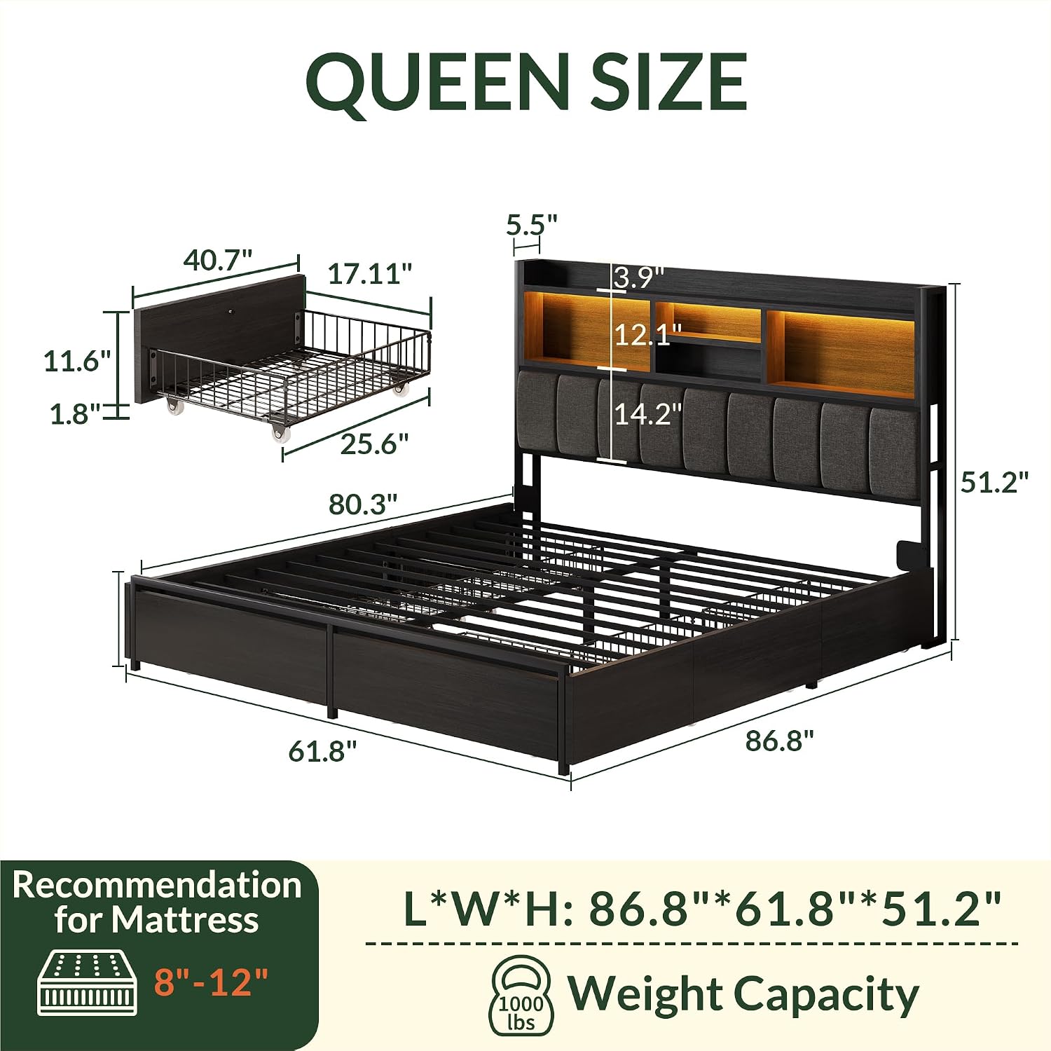 LARMACE Queen Bed Frame with 6 Storage Drawers, Bed Frame Queen Size with Linen Upholstered Headboard, Built in Charging Station and LED, No Noise, Metal Support, No Box Spring Needed,Vintage Black