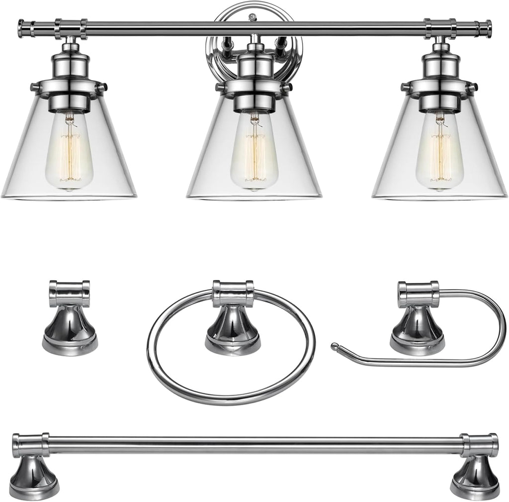 Globe Electric 51234 5-Piece All-in-One Bathroom Set, Chrome, 23' 3-Light Vanity Wall Light with Clear Glass Shades, Towel Bar and Ring, Robe Hook, Toilet Paper Holder, Beauty Room Accessories