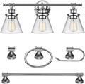 Globe Electric 51234 5-Piece All-in-One Bathroom Set, Chrome, 23' 3-Light Vanity Wall Light with Clear Glass Shades, Towel Bar and Ring, Robe Hook, Toilet Paper Holder, Beauty Room Accessories