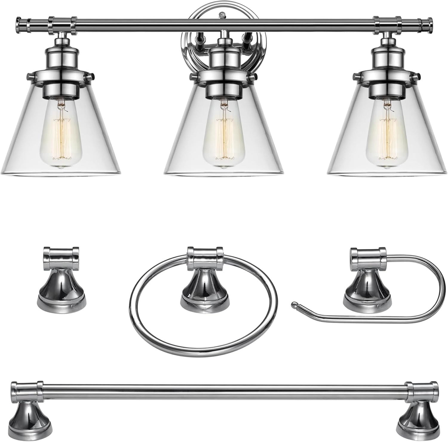 Globe Electric 51234 5-Piece All-in-One Bathroom Set, Chrome, 23' 3-Light Vanity Wall Light with Clear Glass Shades, Towel Bar and Ring, Robe Hook, Toilet Paper Holder, Beauty Room Accessories