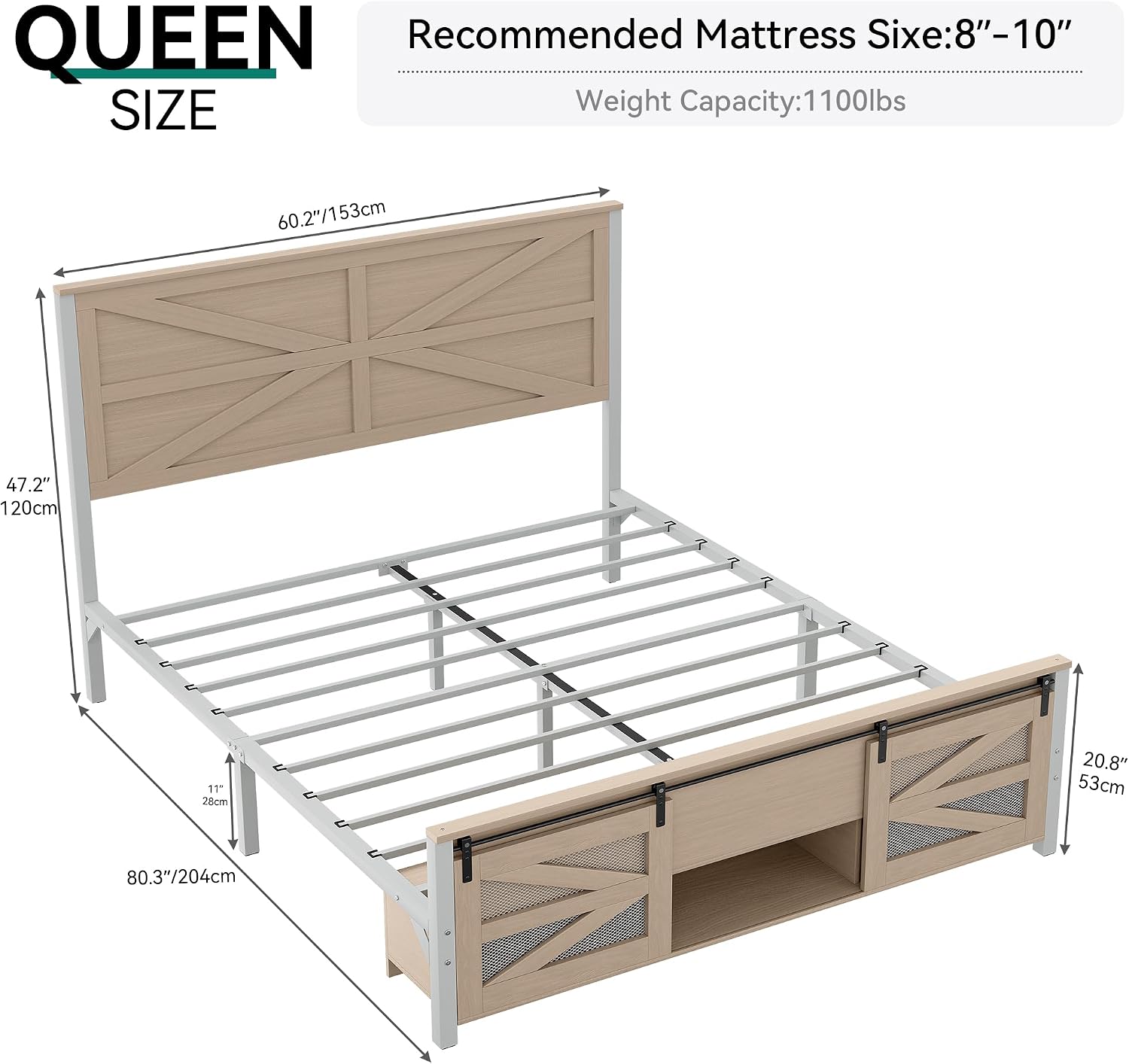 YITAHOME Queen Size Farmhouse Wood Bed Frame with Sliding Barn Door Storage Cabinets and Headboard, Solid Wood Slats Support, Noiseless, No Box Spring Needed, Rustic Brown