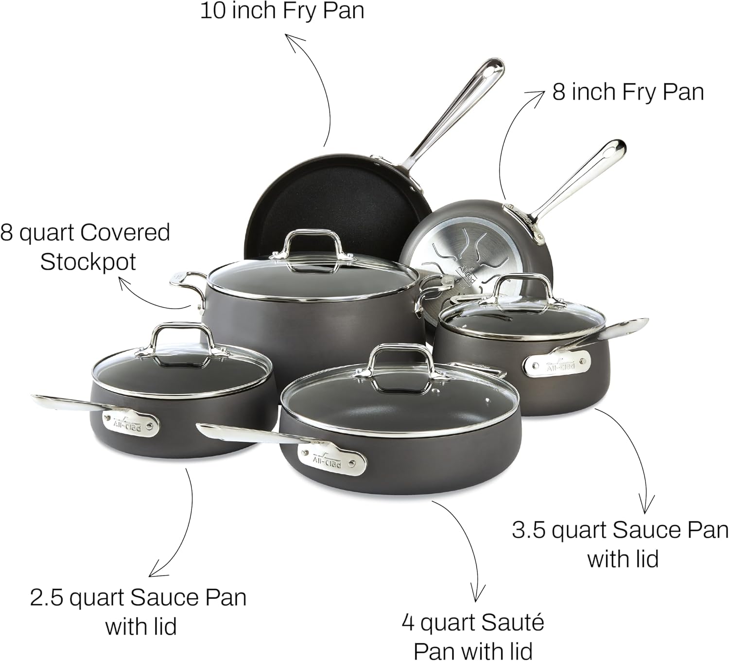 All-Clad HA1 Hard Anodized Nonstick Cookware Set 10 Piece Induction Oven Broiler Safe 500F, Lid Safe 350F Pots and Pans Black