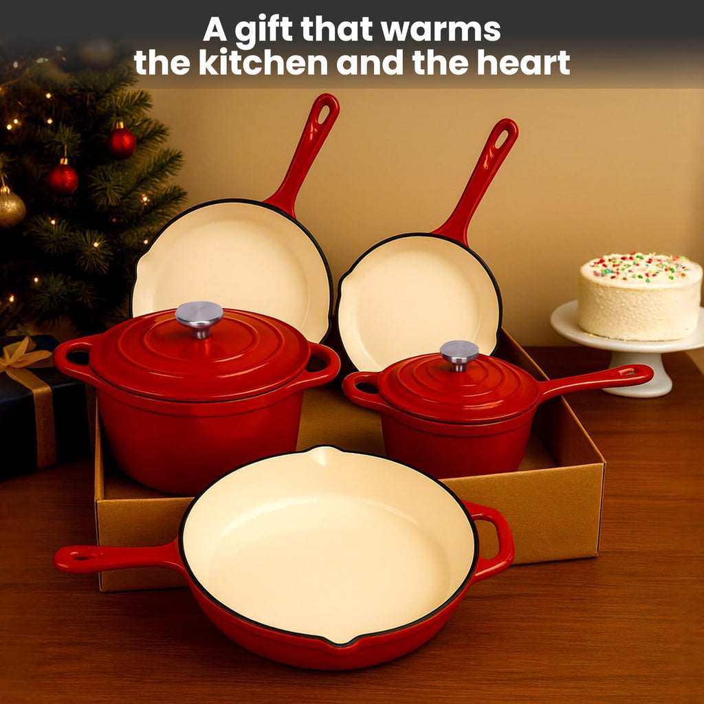 QuliMetal Nonstick Enameled Cast Iron Cookware Set, 5-Piece Pots and Pans Set with Lids, Skillet, Frying Pan, Saucepan & Dutch Oven for All Stovetops, PFOA Free, Ideal for Sourdough Bread Baking