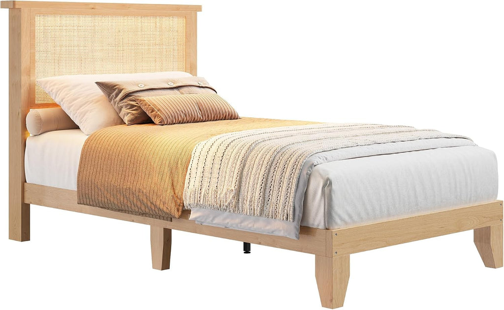 coucheta Rattan Bed Frame Twin with Natural Rattan Headboard,Twin Bed Frame with LED Lights, Bed with Headboard,Solid Wood Bed Legs with Silent Slats,No Box Spring Needed