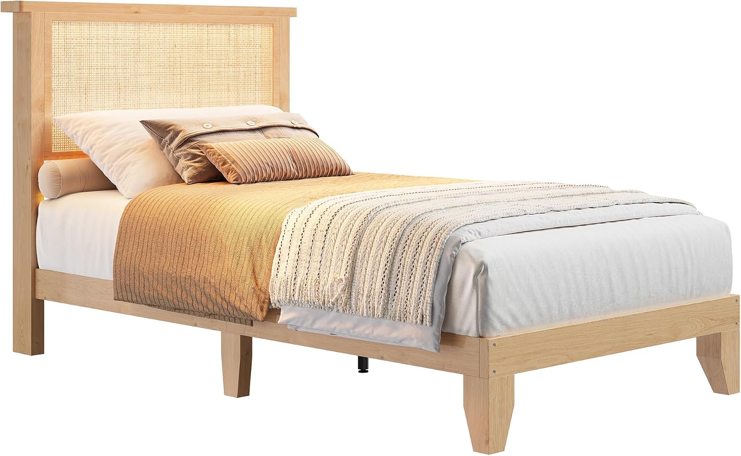 coucheta Rattan Bed Frame Twin with Natural Rattan Headboard,Twin Bed Frame with LED Lights, Bed with Headboard,Solid Wood Bed Legs with Silent Slats,No Box Spring Needed