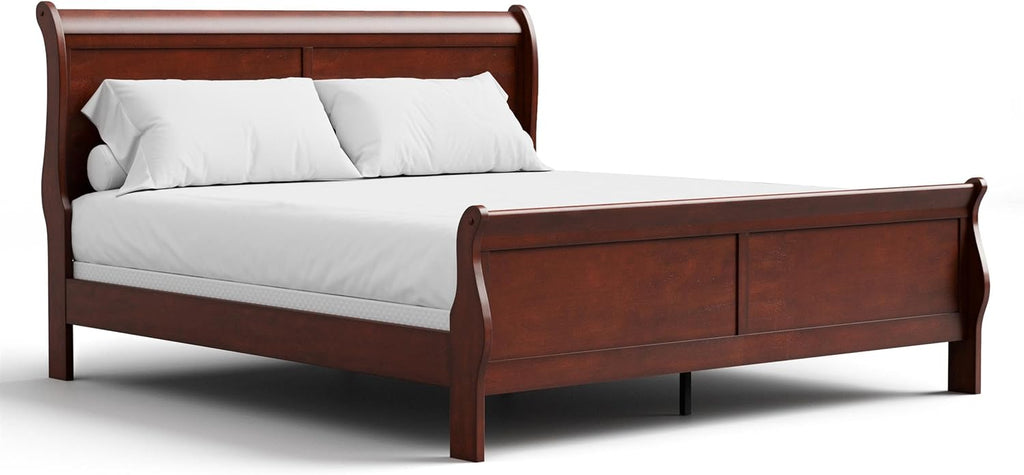 Furniture of America Arabella Traditional Solid Wood 3 Piece Bedroom Set, King Bed Frame, Nightstand, and Chest, Chic Sleigh Design Bedframe with Headboard and Footboard, Box Spring Needed, Cherry