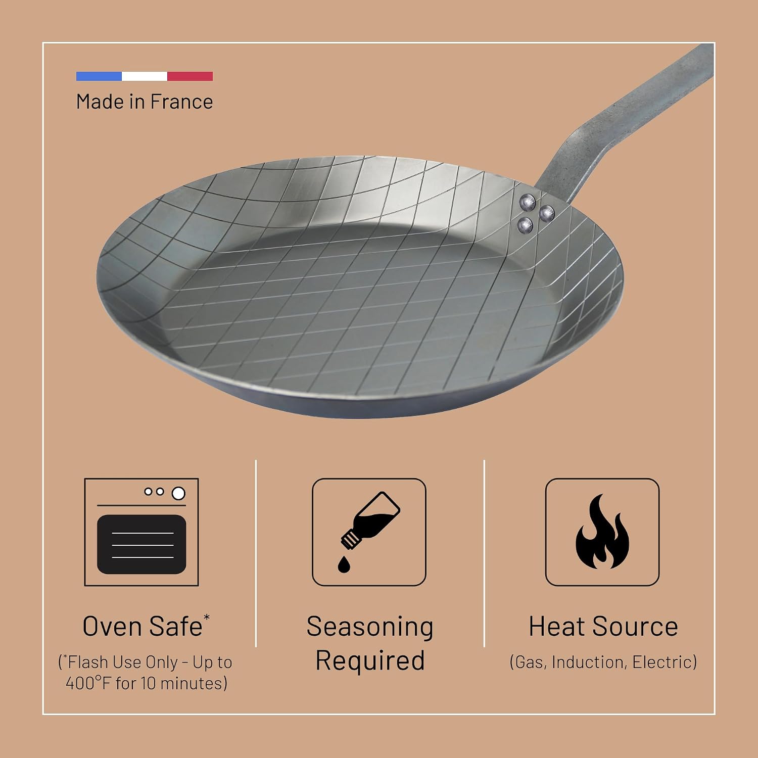 de Buyer MINERAL B Carbon Steel Steak Pan - 11' Diameter, 8.4' Cooking Surface - Ideal for Searing & Browning Meat - Naturally Non-Stick Finish - Made in France