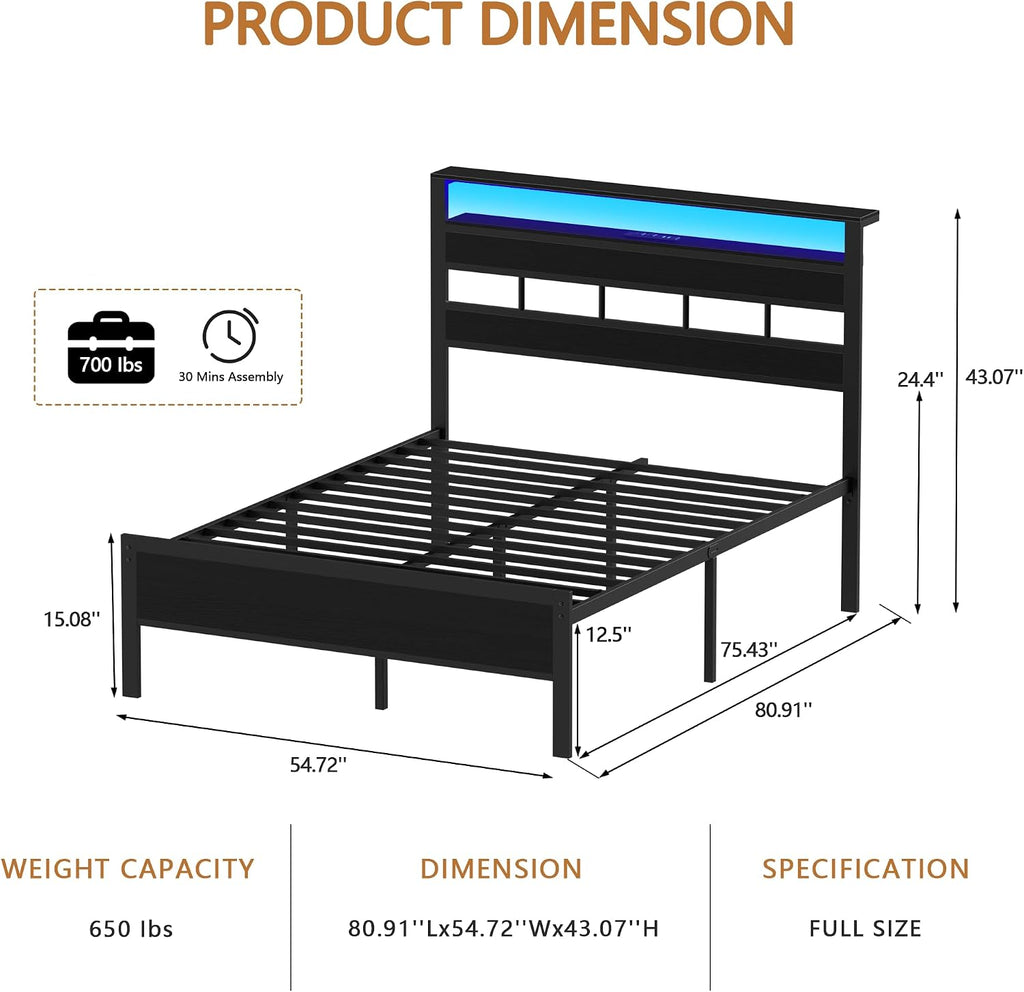 Furnulem Full Size Bed Frame with LED Light and Charging Station, Wood Storage Headboard with 2-Tier Shelves, Metal Platform Bed with Heavy Duty Slats Support, No Box Spring Needed, Black Oak