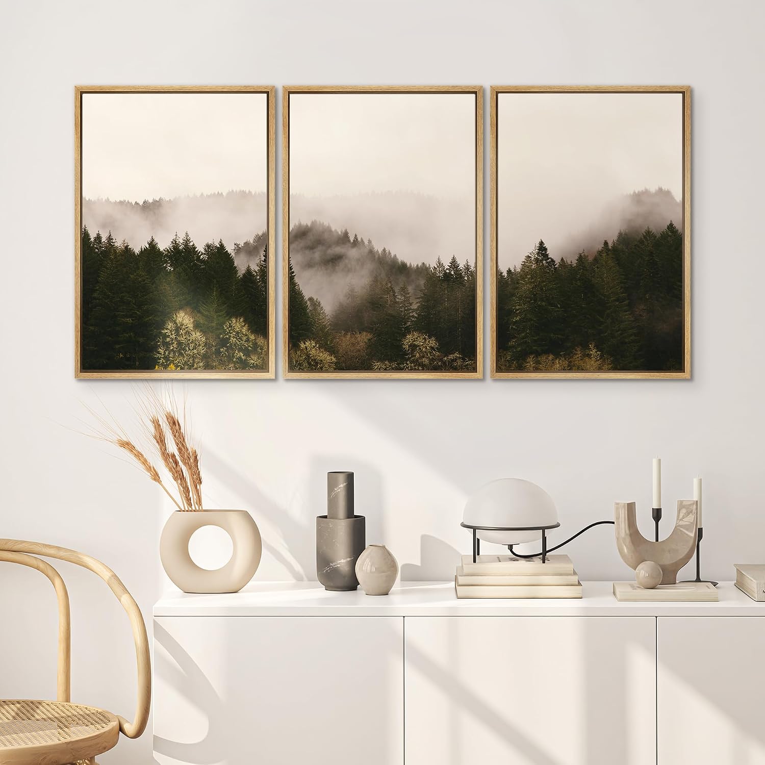 SIGNWIN 3 Piece Framed Canvas Wall Art Brown Foggy Mountains Nature Wilderness Photography Abstract Rustic Canvas Prints Home Artwork Decoration for Living Room,Bedroom - 16'x24'x3 Natural