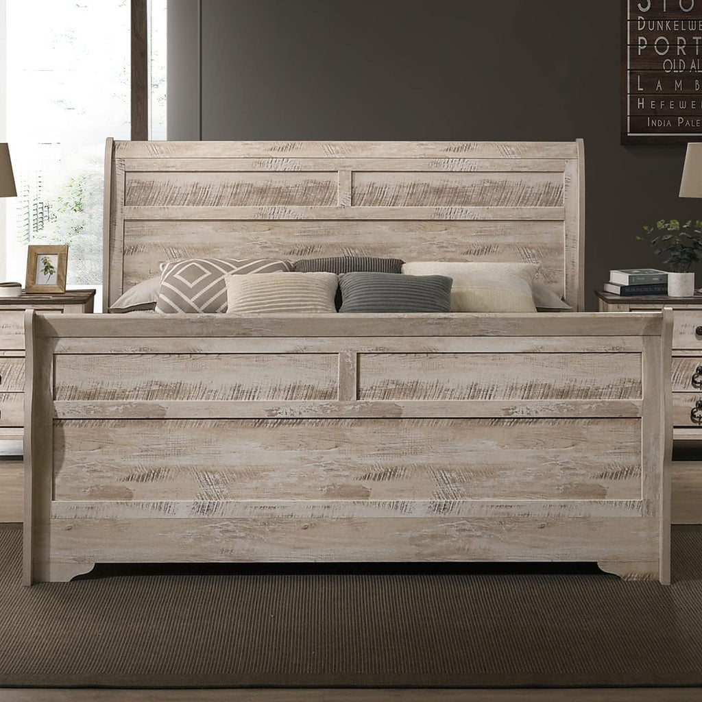 Roundhill Furniture Imerland White Wash Finish 3-Piece Bedroom Set-Sleigh Bed and Two Nightstands, King Size