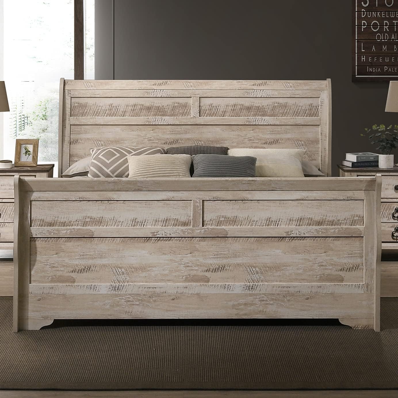 Roundhill Furniture Imerland White Wash Finish 3-Piece Bedroom Set-Sleigh Bed and Two Nightstands, King Size