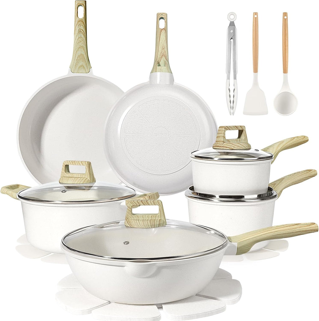 GiPP Ceramic Pots and Pans Set Non Stick - 18 Pcs Nonstick Cookware Set, Non-toxic Healthy Kitchen Cooking Set w/Frying Pans Set, Dishwasher Safe, PFAS PTFE PFOA PFOS Free, Cream White