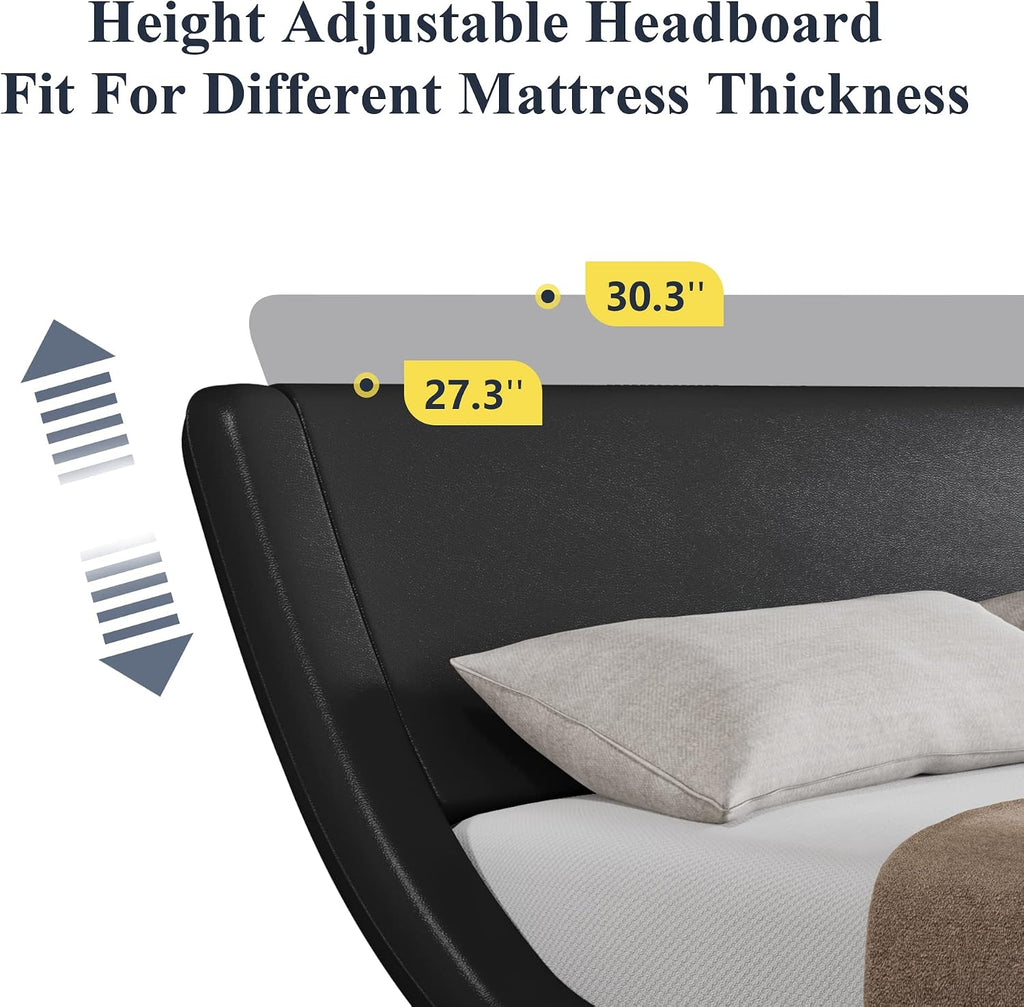 Allewie Full Size Upholstered Platform Bed Frame with Adjustable & Ergonomic Headboard, Low Profile Sleigh Design for Modern Bedroom - Easy Assembly, No Box Spring Needed, Black