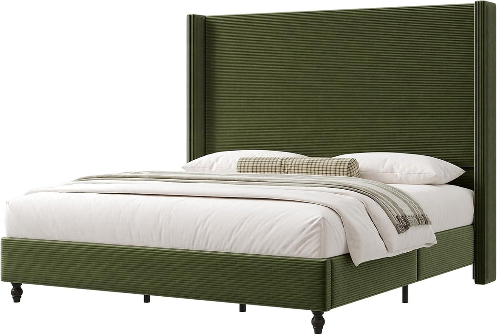 AMERLIFE King Size Bed Frame with 65' Tall Headboard, Upholstered Corduroy Bed Frame with Wingback, Platform Bed with Solid Wood Gourd Legs, Solid Slats, No Box Spring Needed, Green