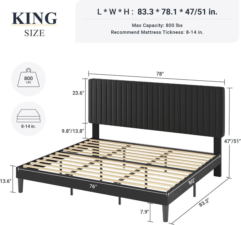 Allewie King Platform Bed Frame, Velvet Upholstered with Adjustable Vertical Channel Tufted Headboard, Mattress Foundation with Strong Wooden Slats, Box Spring Optional, Easy Assembly, Black