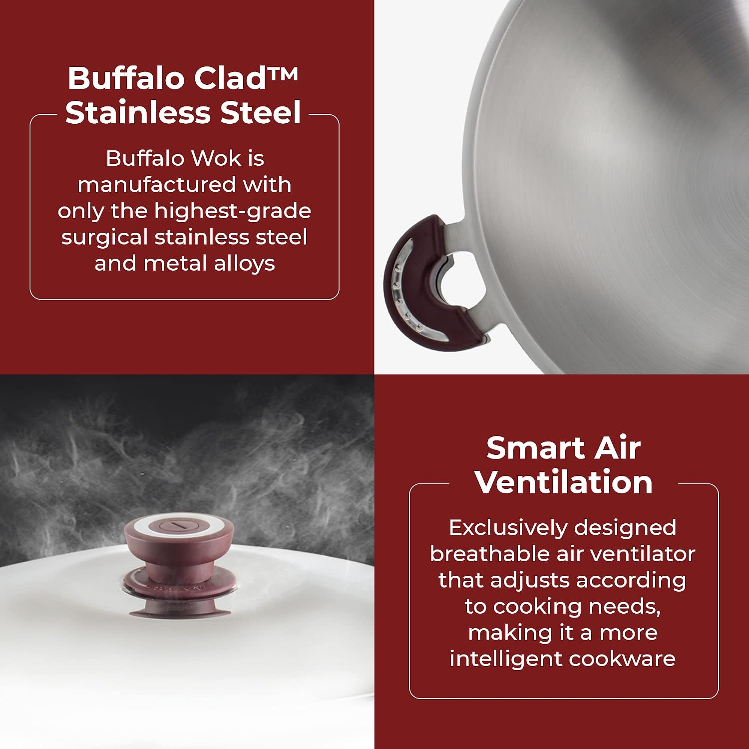 BUFFALO Clad Stainless Steel Wok Pan with Lid Round Bottom 16 inch (40cm) Stir Frying Pan Tri-Ply Nonstick Cookware - Double Handle Cooking Pot for Induction/Electric/Gas Stoves