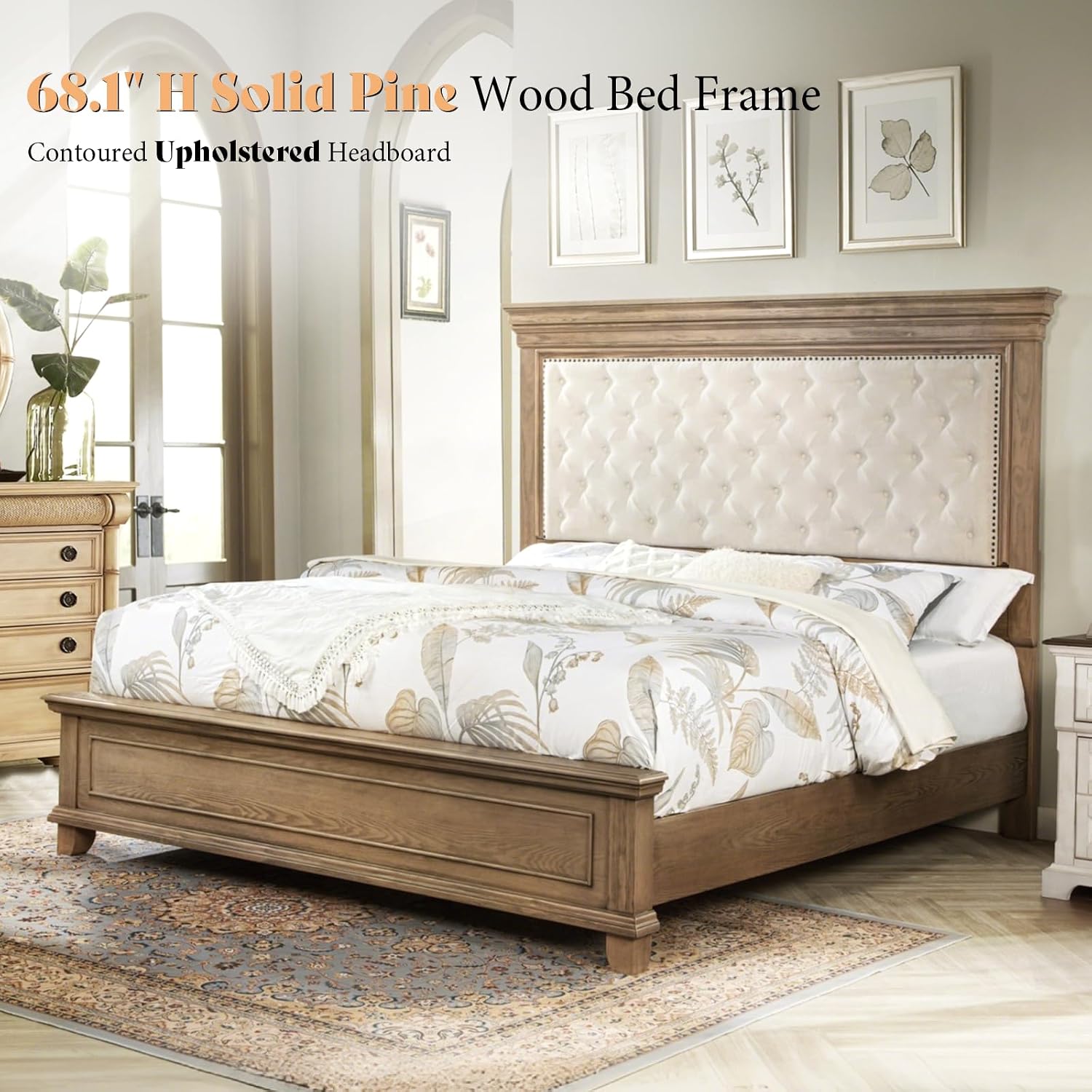 AMERLIFE 68 in Tall Queen Size Bed Frame with Upholstered Headboard, Solid Wood Farmhouse Platform Bed, Bohemian Tufted Wooden Panel Design, Noise-Free, Light Oak