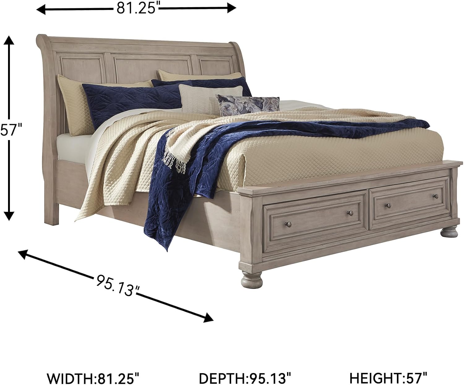 Signature Design by Ashley Lettner Traditional King Sleigh Platform Bed with 2 Drawers, Foundation or Box Spring Not Needed, Light Gray
