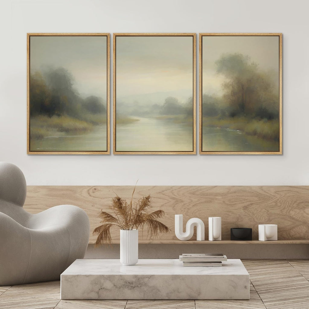 SIGNWIN Framed Wall Art Print Set Misty River Landscape Soft Neutral Nature Scene Photography Modern Art Closeup Relax/Calm Dark for Living Room, Bedroom, Office - 24'x36'x3 Natural