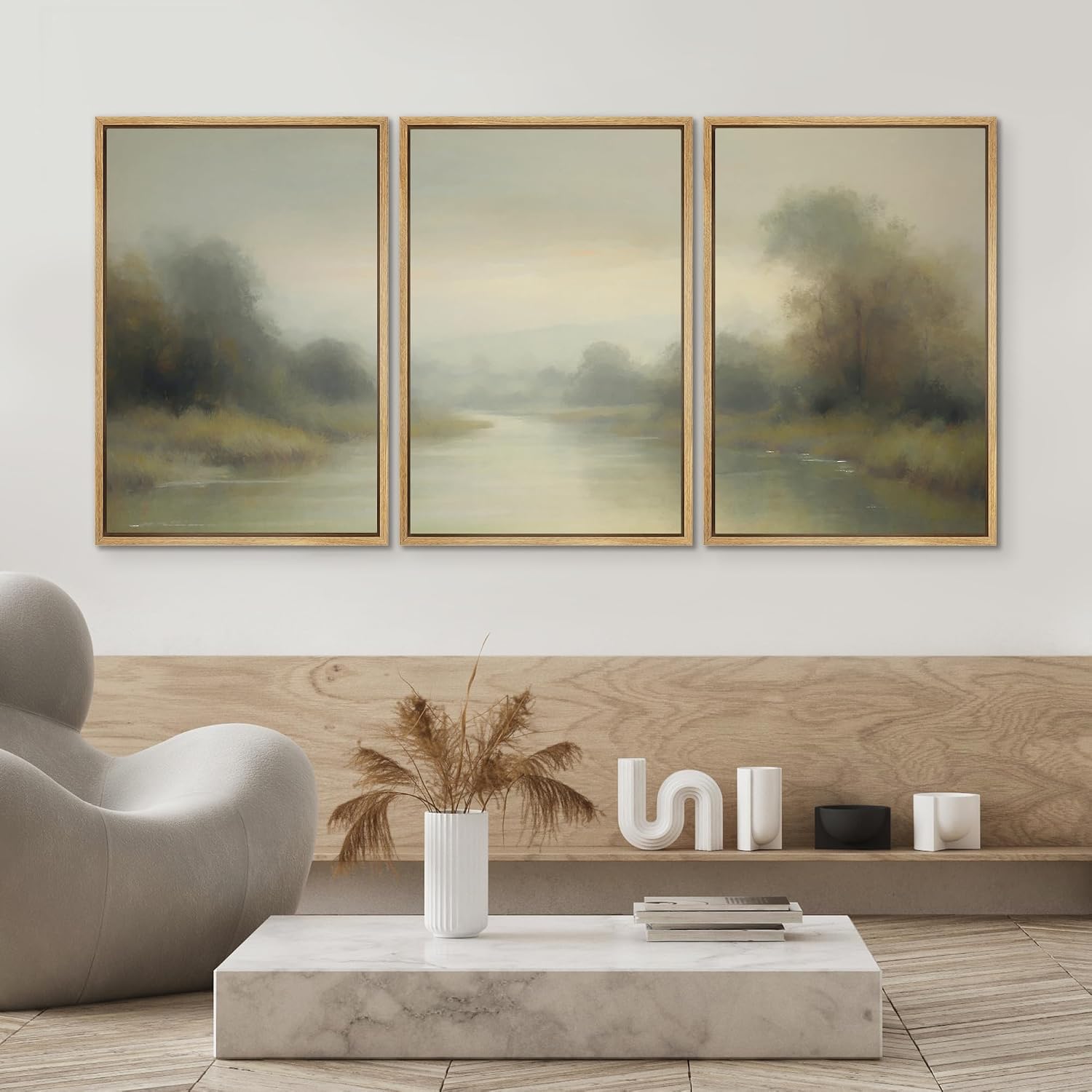 SIGNWIN Framed Wall Art Print Set Misty River Landscape Soft Neutral Nature Scene Photography Modern Art Closeup Relax/Calm Dark for Living Room, Bedroom, Office - 24'x36'x3 Natural