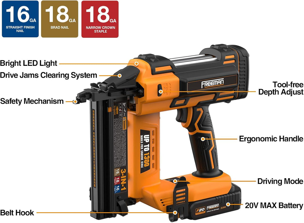 Freeman PE20V31618G 20 Volt Cordless 3-in-1 16 and 18 Gauge Nailer/Stapler Kit with Lithium Ion Battery, Charger, Bag, and Fasteners (600 Count) – 1300 Shots Per Charge