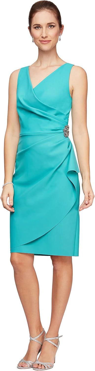 Alex Evenings Women's Slimming Short Ruched Dress with Ruffle (Petite and Regular)