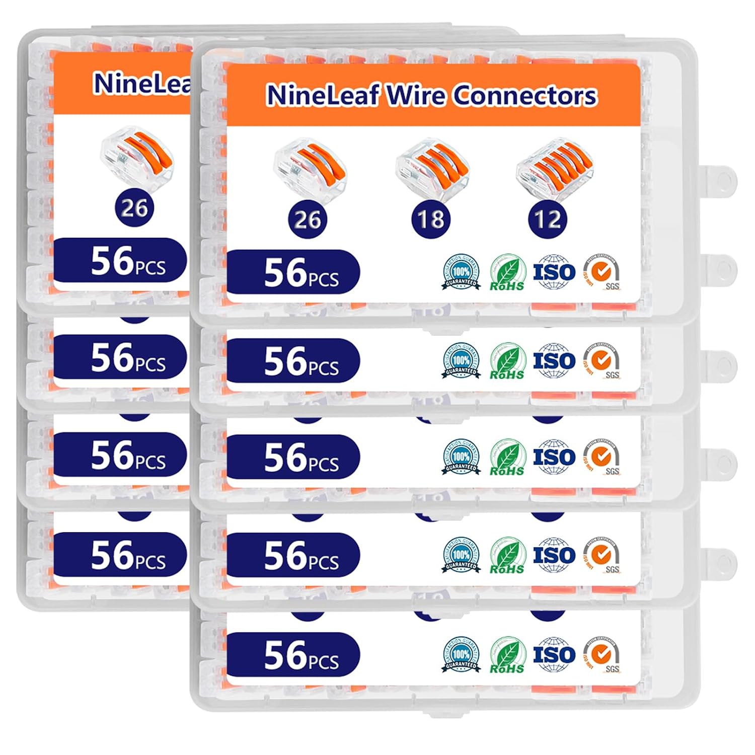 NineLeaf 56 Pcs Transparent Lever Wire Connectors Kit, 2/3/5 Port Electrical Wire Connectors with Test Hole, Push-in Lever Nuts for AWG 28-12, Reusable Quick Splice Connectors with Storage Box,9 Set