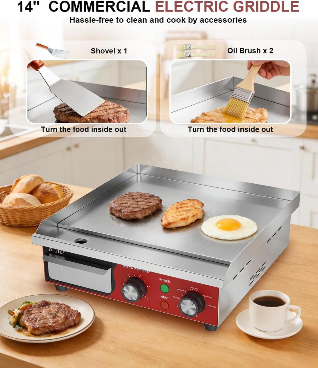 Commercial Electric Griddle 14', 1500W Electric Flat Top Grill with 5 Minute Reminder Timer, 122~572℉Adjustable Temperature Control, Stainless Steel Griddle Grill for Restaurant Kitchen