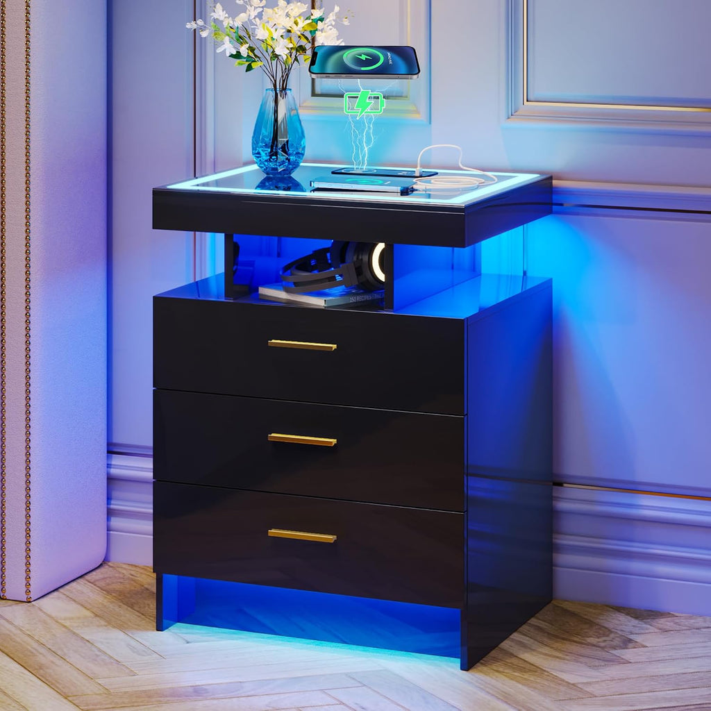 Lvifur LED Nightstand with Wireless Charging Station, Auto Sensor 3 Color Dimmable Night Stand, Modern Bedside Table with 3 Drawers & 3 Open Compartments for Bedroom, Black