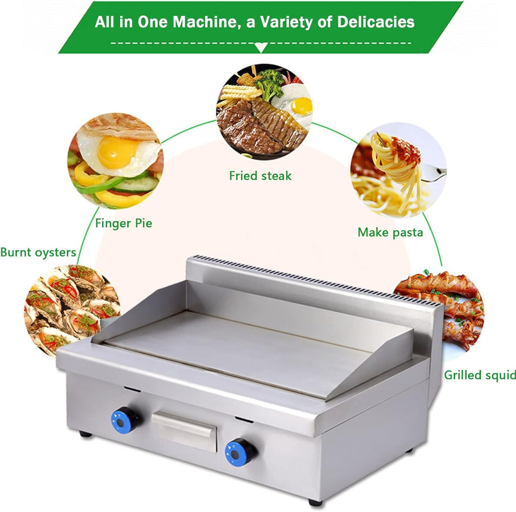 Commercial Propane Gas Griddle, 2 Stainless Steel Burner Tabletop Gas, Portable Table Ttop Grill, Large Non-Stick Steel Griddle, Teppanyaki Cooking Plate, Stainless-720-One Size