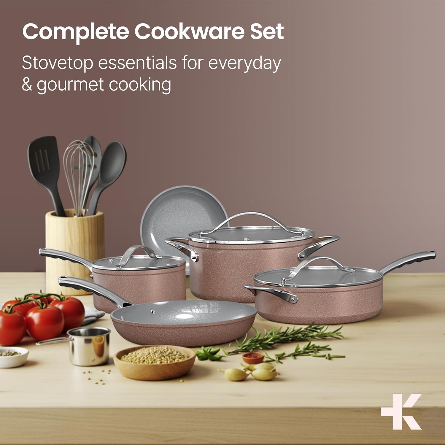 Crystal Kung Minkoff Ceramic Cookware Set – 14-Piece Pots and Pans Set with Lids, Silicone Utensils & Oven Mitts, Nonstick and Non-Toxic, PTFE/PFAS Free, Dishwasher & Stovetop Safe Up to 500°F