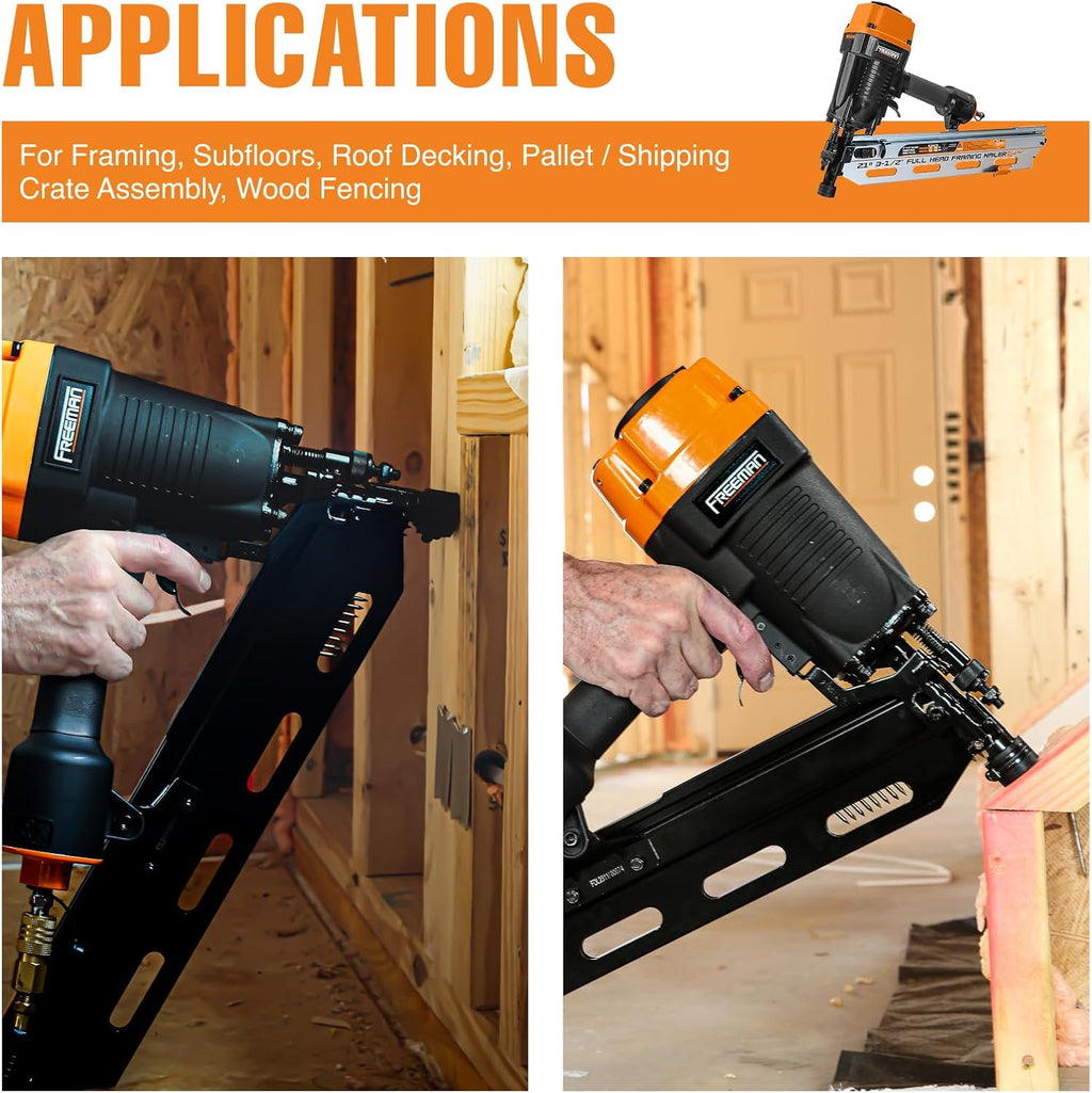 Freeman Pneumatic 21 Degree Framing Nailer with Nails | 2' – 3-1/2' Full Round Head Nails | Anti-Dry-Fire, Dual Trigger, Depth Adjust, and Comfort Grip | PFR2190NQ