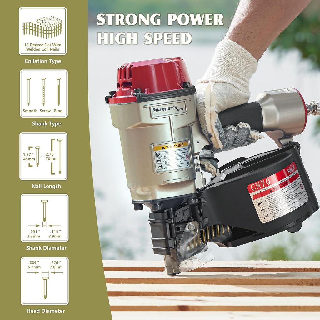 Maxparts Coil Nailer CN70, 1-3/4-Inch to 2-3/4-Inch Pneumatic Siding Nailer, Air Coil Nailer with Rapid Shooting Engine for Roof, Crating, Framing, Fencing and Pallet