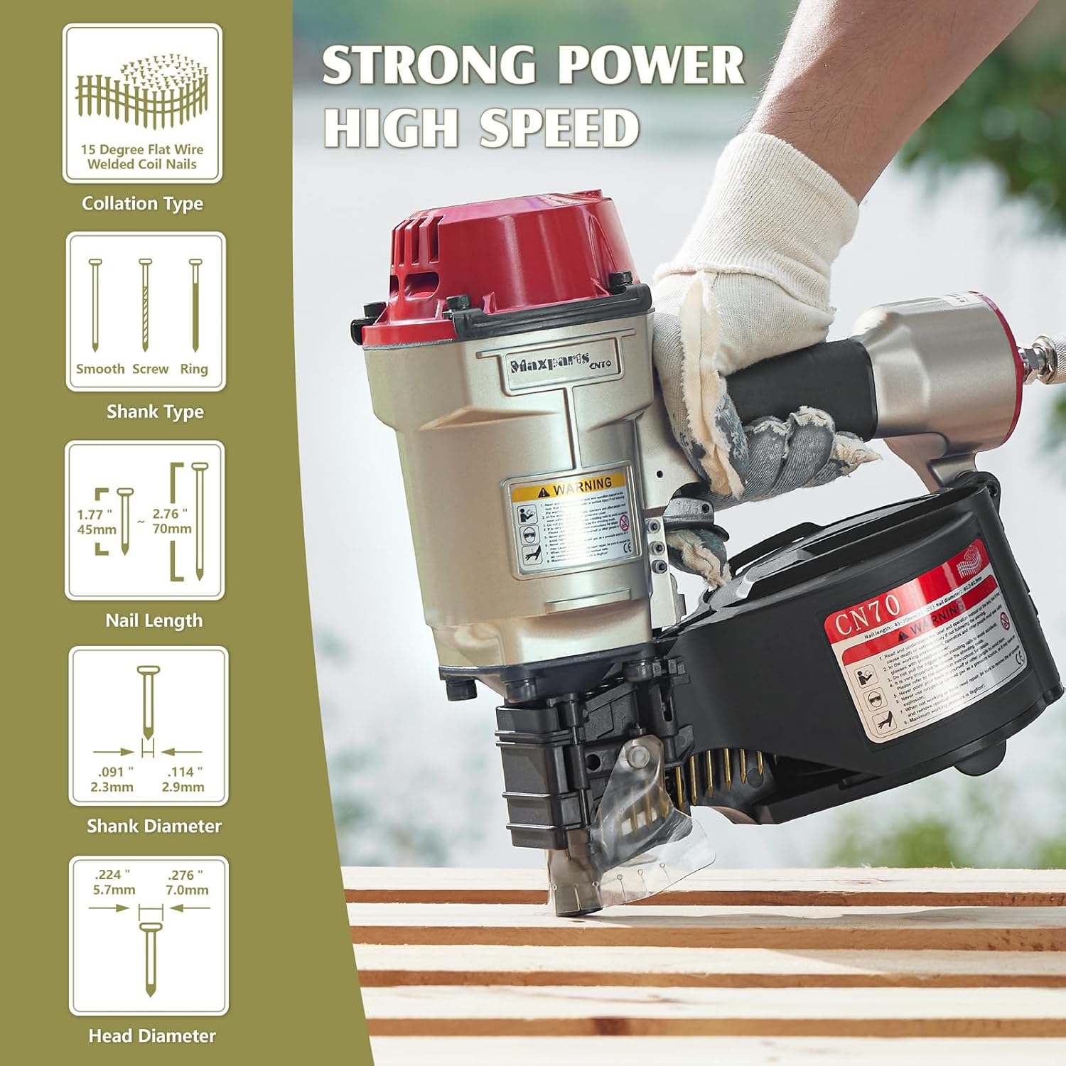Maxparts Coil Nailer CN70, 1-3/4-Inch to 2-3/4-Inch Pneumatic Siding Nailer, Air Coil Nailer with Rapid Shooting Engine for Roof, Crating, Framing, Fencing and Pallet