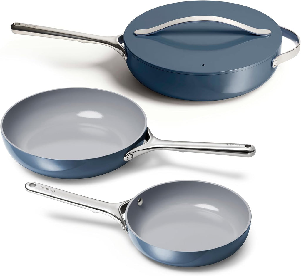 Caraway 4-Piece Fry Pan Set - Non-Stick Frying Pans (10.5' & 8') & Non-Stick Sauté Pan - Non Toxic, PTFE & PFOA Free - Oven Safe & Compatible with All Stovetops (Gas, Electric & Induction) - Navy