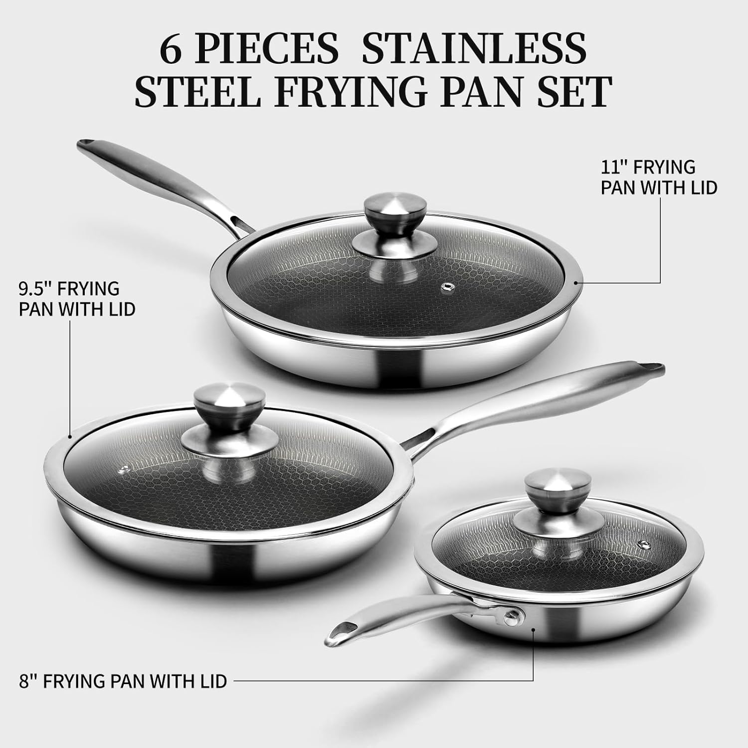 6 Pieces Stainless Steel Frying Pan Set with Lids, Honeycomb Nonstick Frying Pan Set 3 Pcs,Induction Skillet Set Egg Omelette Frying Pan Sets W/Lid, Induction Compatible, PFOA Free
