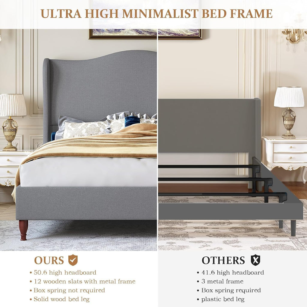 koorlian King Size Bed Frame Upholstered Platform Bed with 51' Tall Headboard Wingback, Soft Fabric, Retro Simple Style Platform Bed No Box Spring Needed, Easy Assembly, Grey