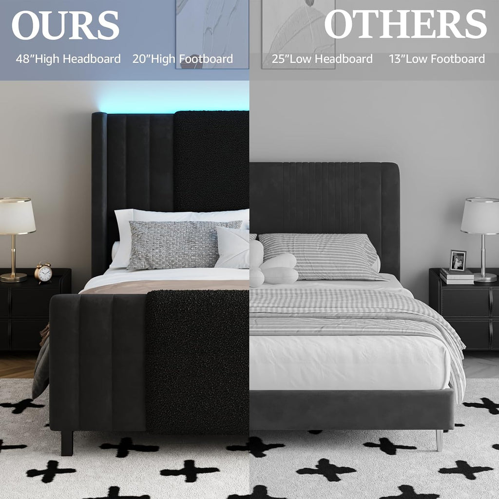 Lihimte Queen Size Bed Frame with Tall Headboard and Footboard, Boucle and Velvet Upholstered Bed Frame Queen with LED Lights, Modern Platform Bed Frames, Noiseless, Easy Assembly, Black