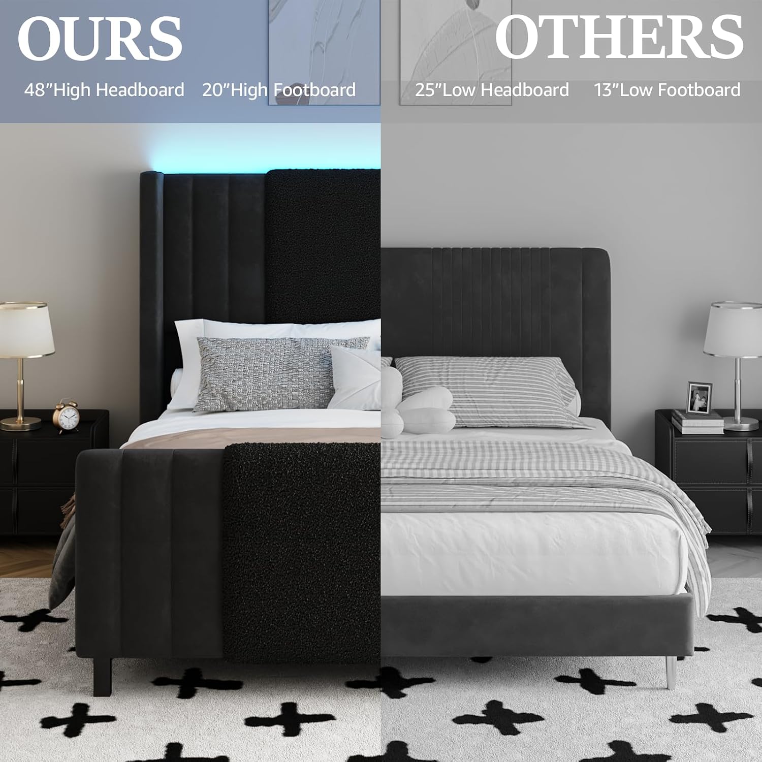 Lihimte Queen Size Bed Frame with Tall Headboard and Footboard, Boucle and Velvet Upholstered Bed Frame Queen with LED Lights, Modern Platform Bed Frames, Noiseless, Easy Assembly, Black