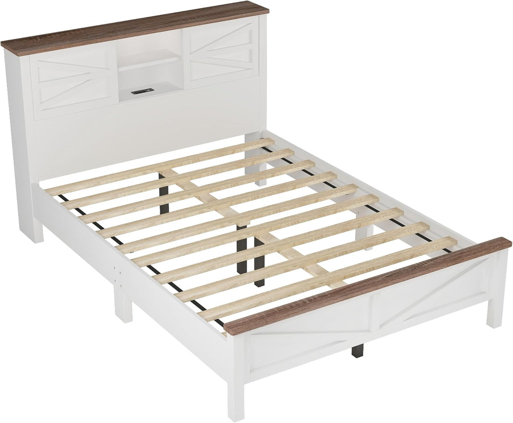 LUMISOL 3-Piece Queen Size Bedroom Set, Wood Platform Bed with Barn Door Storage Headboard & Charging Stations, Nightstand and Dresser, Farmhouse Bedroom Furniture Set, White
