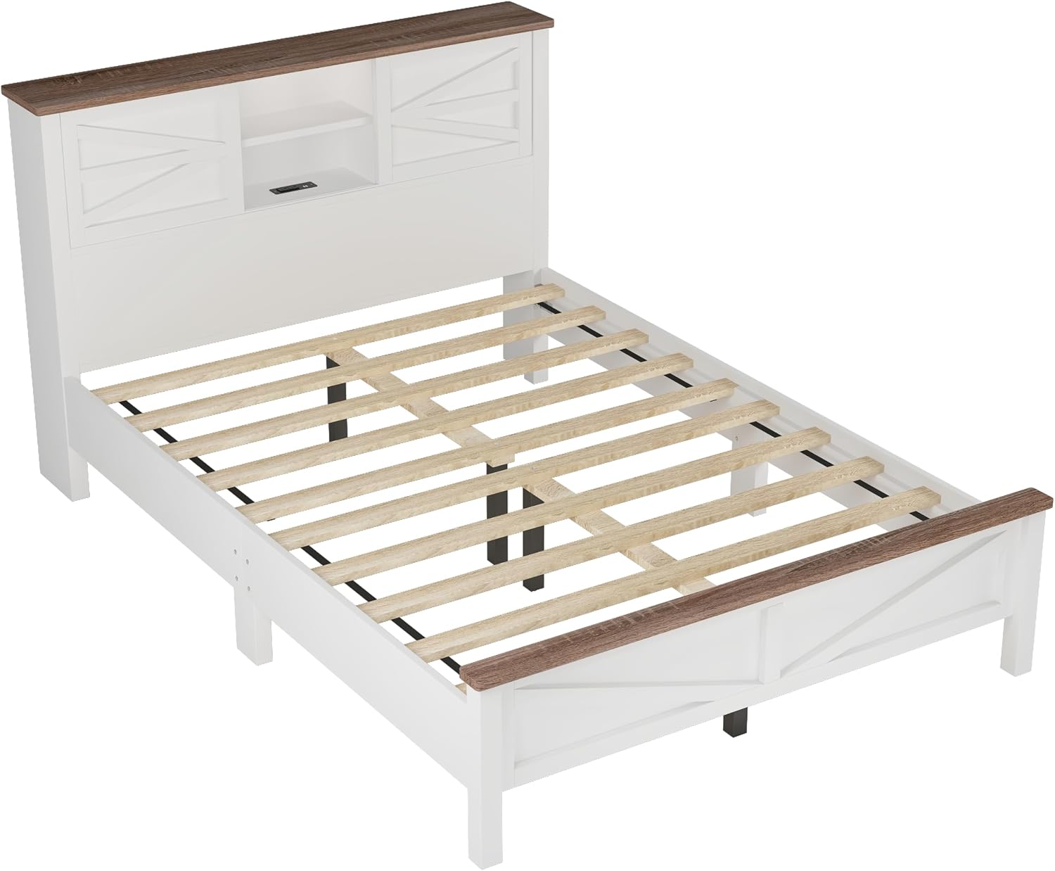 LUMISOL 3-Piece Queen Size Bedroom Set, Wood Platform Bed with Barn Door Storage Headboard & Charging Stations, Nightstand and Dresser, Farmhouse Bedroom Furniture Set, White