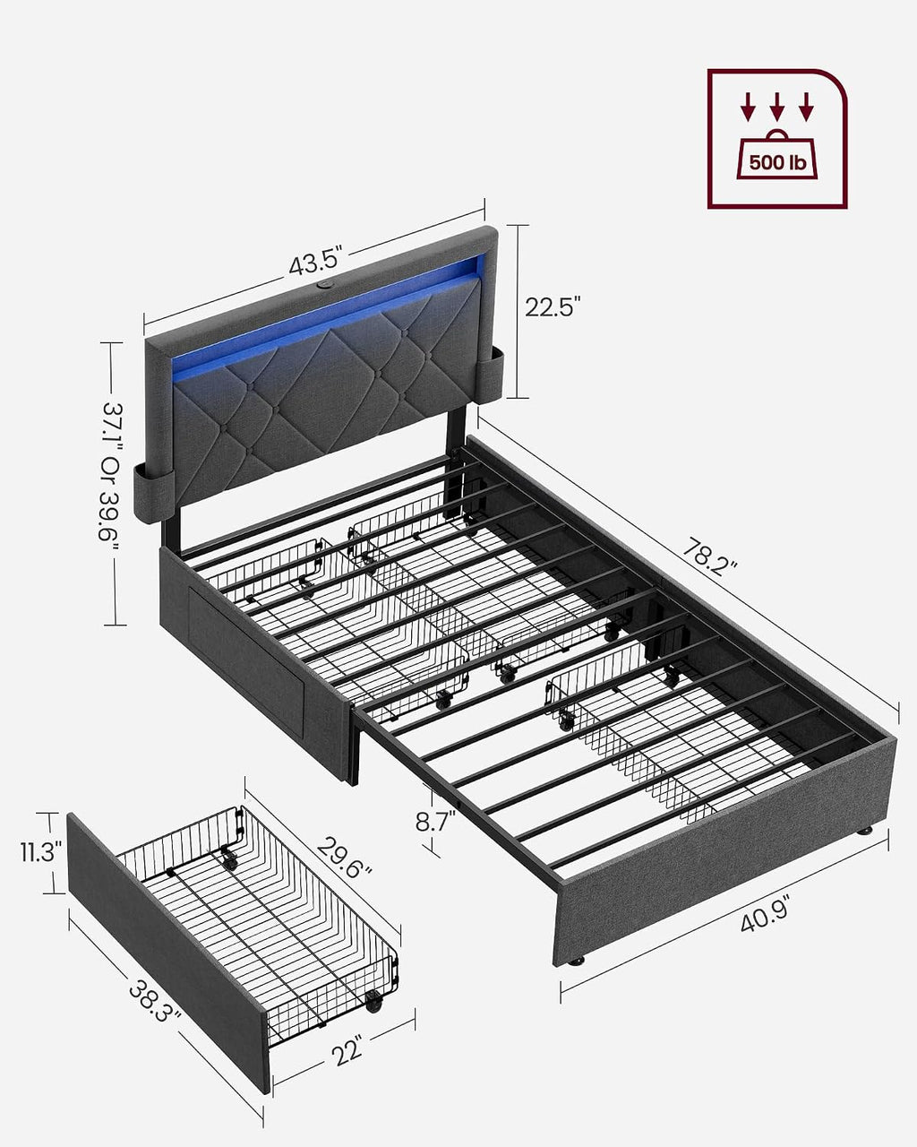 VASAGLE LED Bed Frame Twin Size, Twin Bed with Headboard and 4 Drawers, 1 USB Port and 1 Type C Port, Adjustable Upholstered Headboard 37.1/39.6 Inches, No Box Spring Needed, Dark Gray URMB823G71