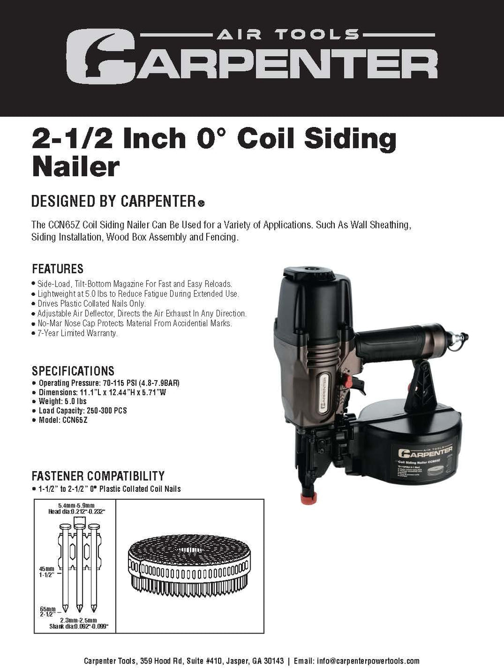 CCN65Z 0 Degree 1-1/2″ to 2-1/2″ Pneumatic Coil Siding Nailer with Tool-less Depth Adjustment, Drives plastic collated nails.