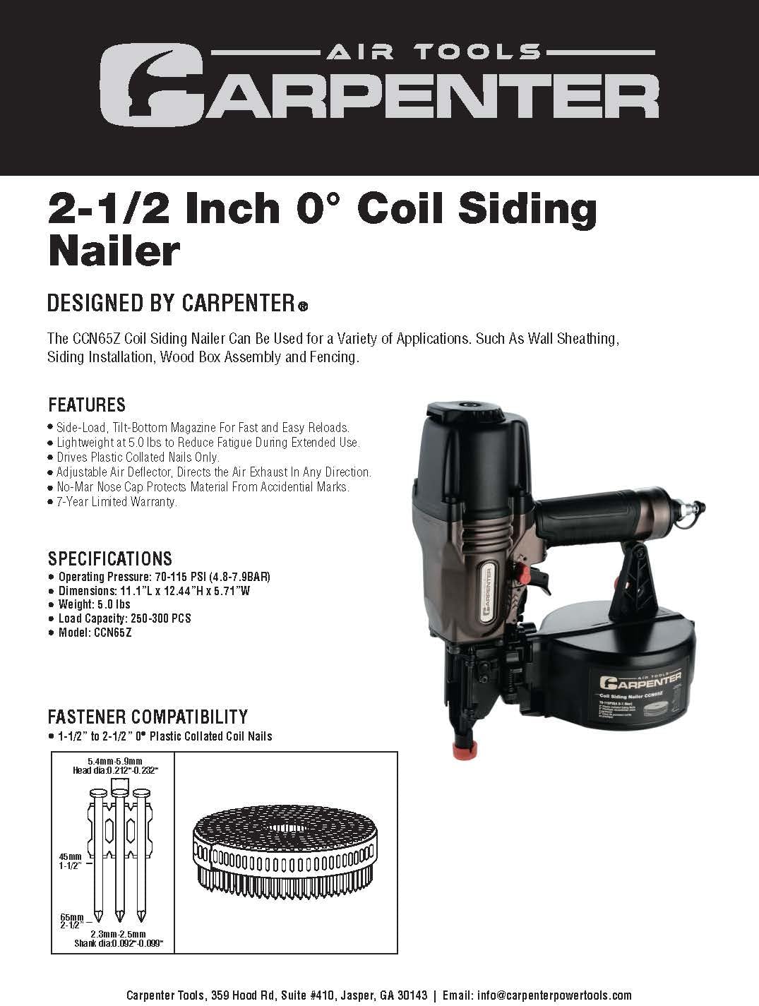 CCN65Z 0 Degree 1-1/2″ to 2-1/2″ Pneumatic Coil Siding Nailer with Tool-less Depth Adjustment, Drives plastic collated nails.