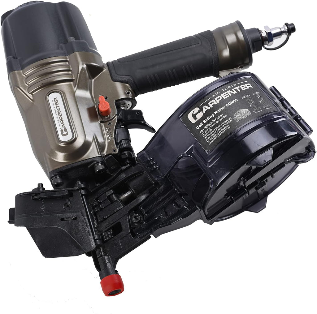 CCN65 15 Degree 1-1/2″ to 2-1/2″ Pneumatic Coil Siding Nailer with Tool-less Depth Adjustment, Drives wire and plastic collated nails.